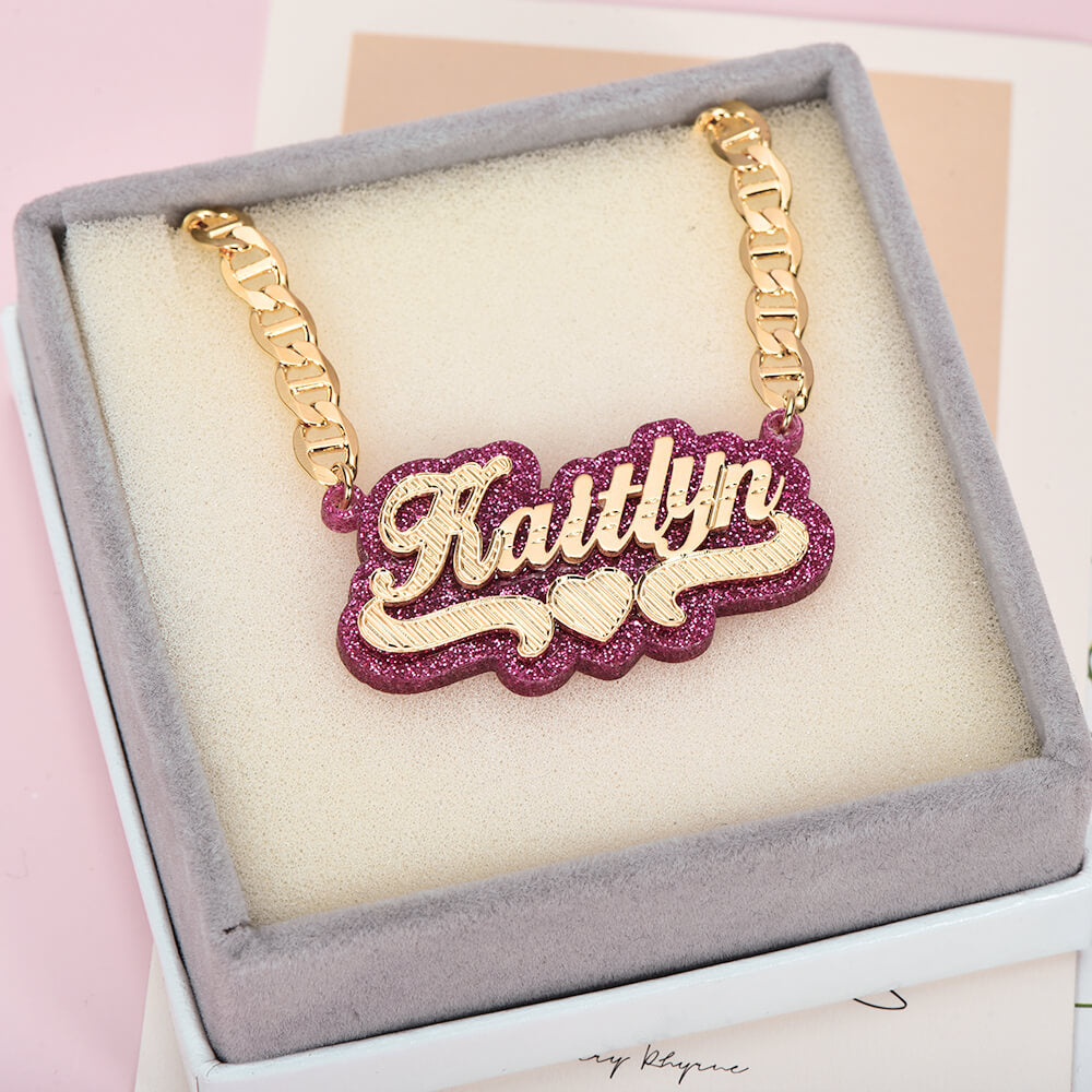 Pink Acrylic Double Layer Heart Personalized Custom Gold Plated Name Necklace-silviax