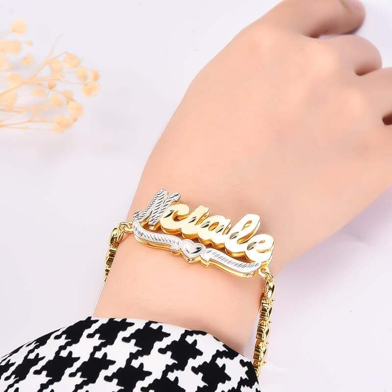 Double Layer Two Tone Heart with Teddy Bear XOXO Chain Personalized Custom Gold Plated Name Bracelet-silviax
