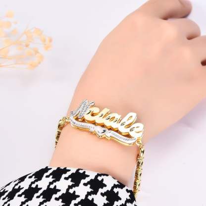 Double Layer Two Tone Heart with Teddy Bear XOXO Chain Personalized Custom Gold Plated Name Bracelet-silviax