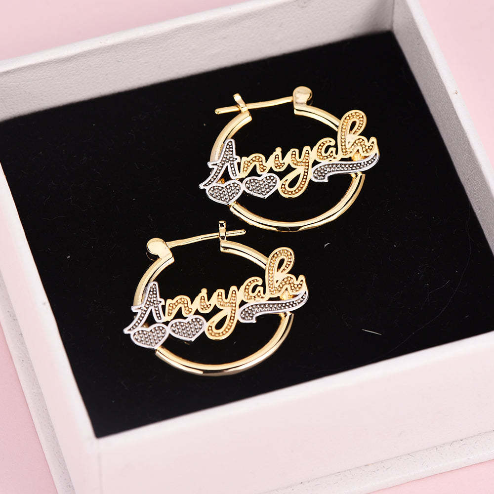 Gold Plated Hoop Personalized Name Earrings With Two Heart-silviax