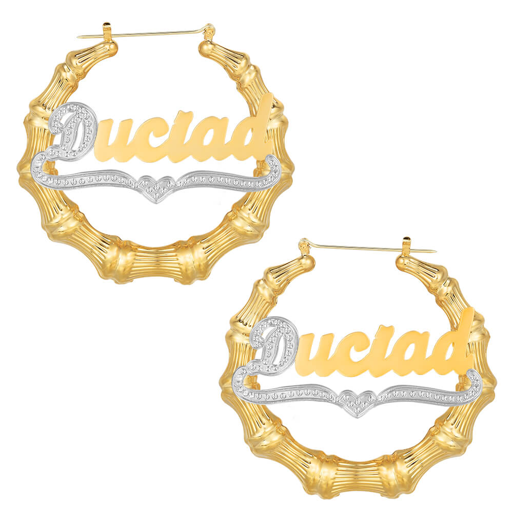 Gold Plated Personalized Bamboo Two Tone Name Earrings-silviax