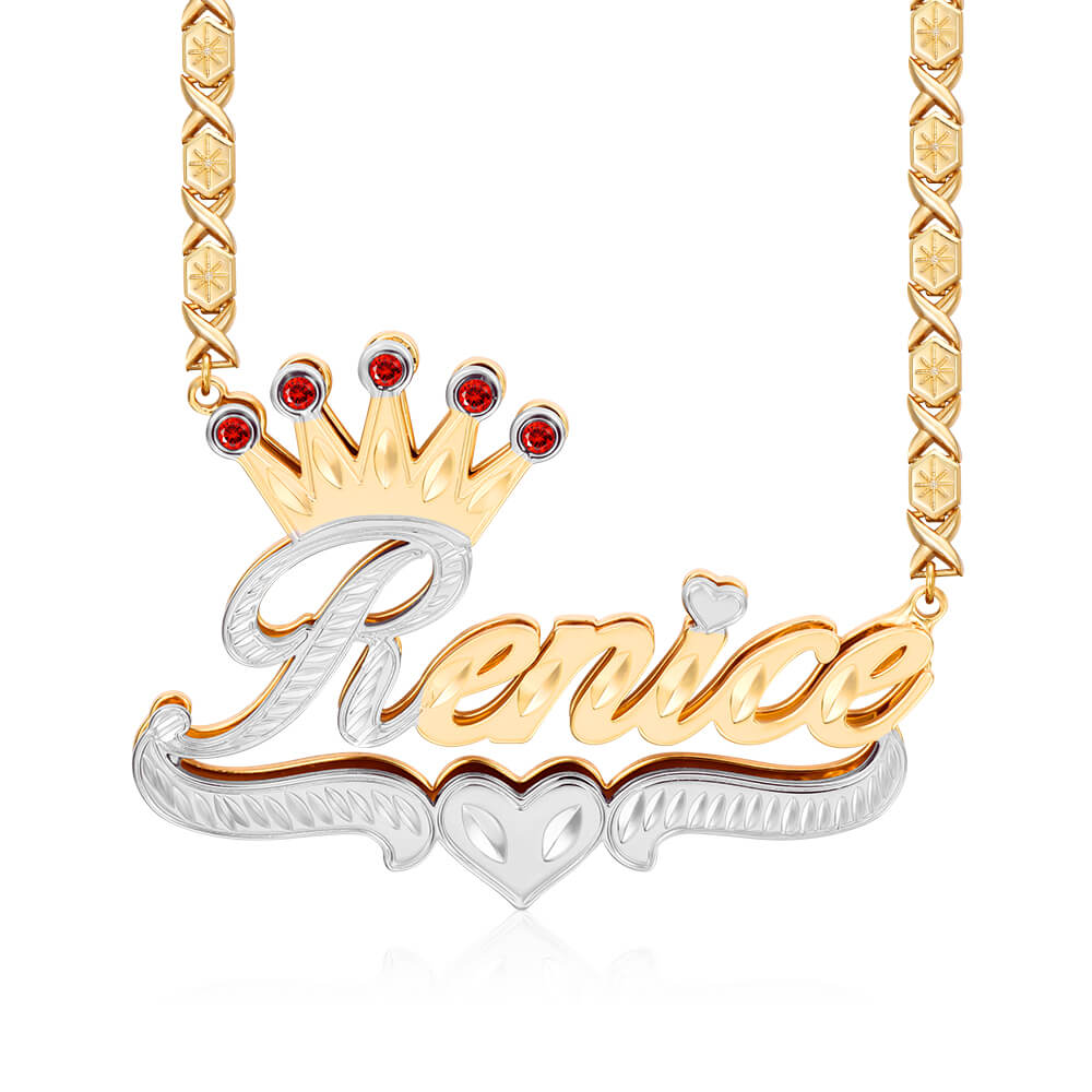 Double Layer Two Tone Ruby Crown Heart with XOXO Chain Personalized Custom Gold Plated Name Necklace-silviax