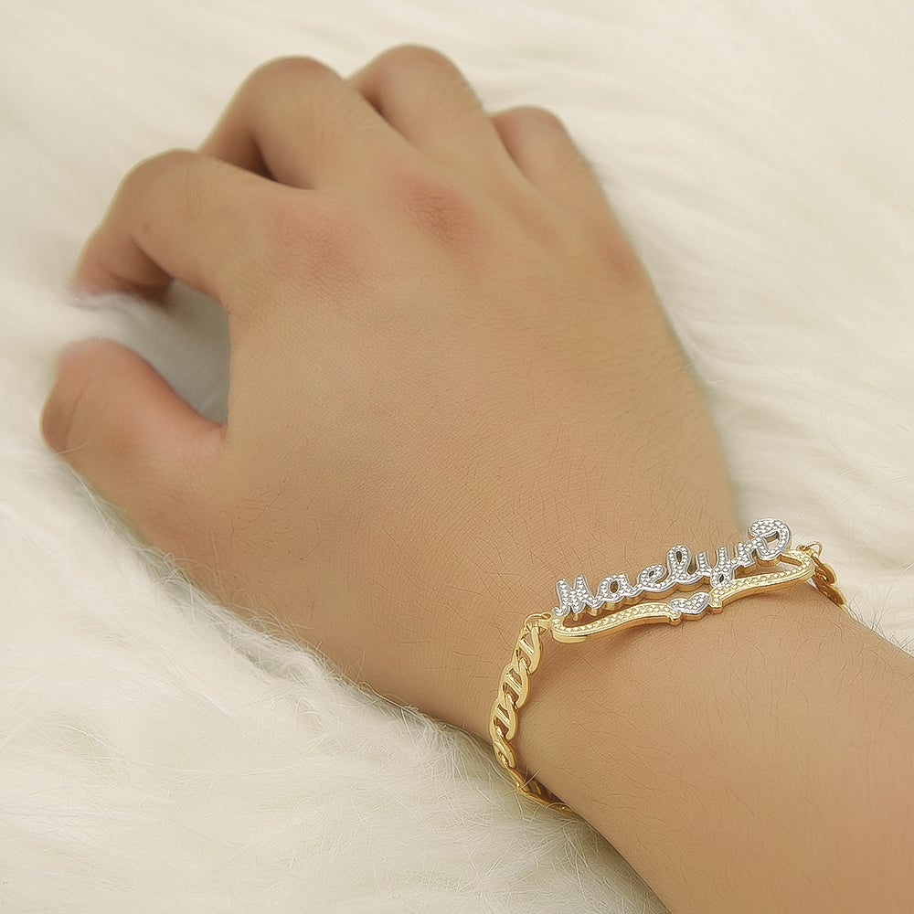 Two-tone Heart Personalized Custom Name Bracelet Ring Earrings and Double Plate Necklace Set-silviax
