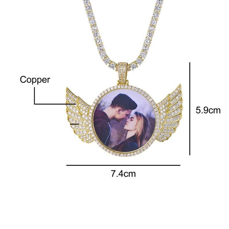 Angel Wings with Tennis Chain Gold Plated Personalized Circular Pendant Photo Necklace-silviax