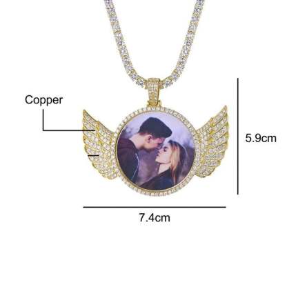 Angel Wings with Tennis Chain Gold Plated Personalized Circular Pendant Photo Necklace-silviax