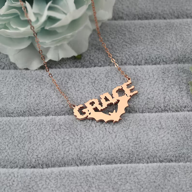 Halloween Personalized Custom Gold Plated Bat Name Necklace-silviax