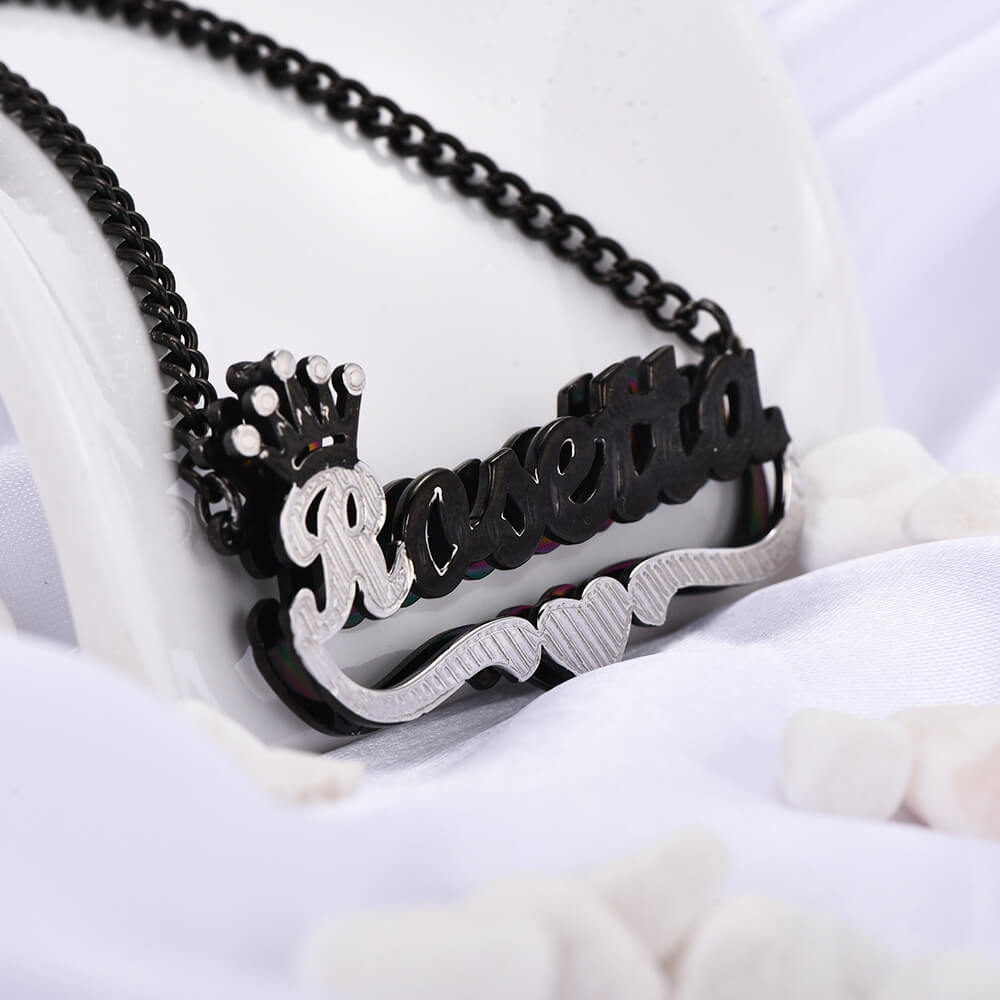 Double Layer Two Tone With Crown And Heart Black Nameplate Personalized Custom Name Necklace-silviax