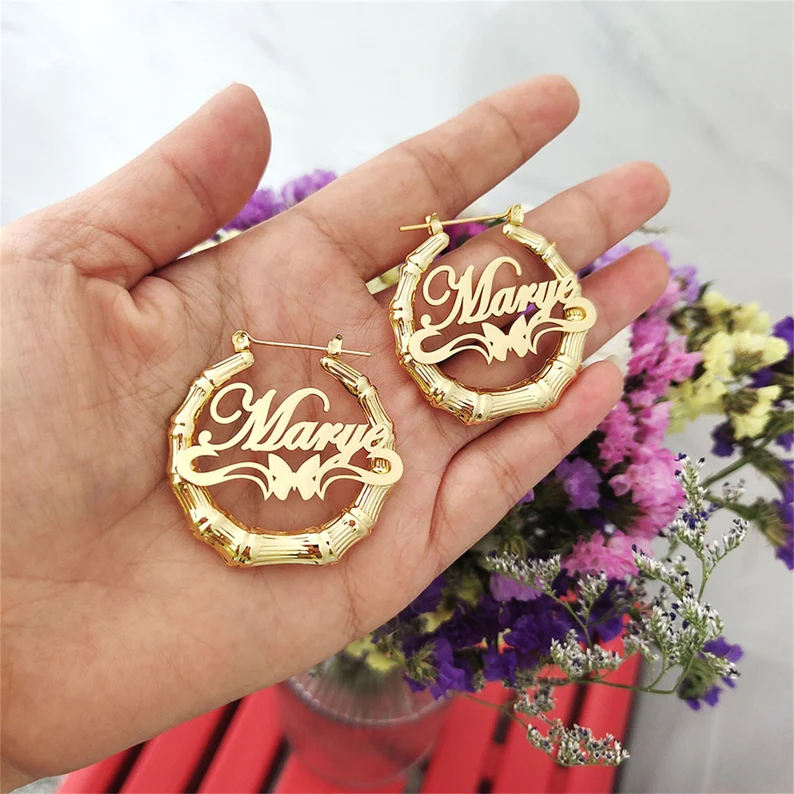 Personalized Custom Gold Plated Underline Butterfly Nameplate Bamboo Earrings