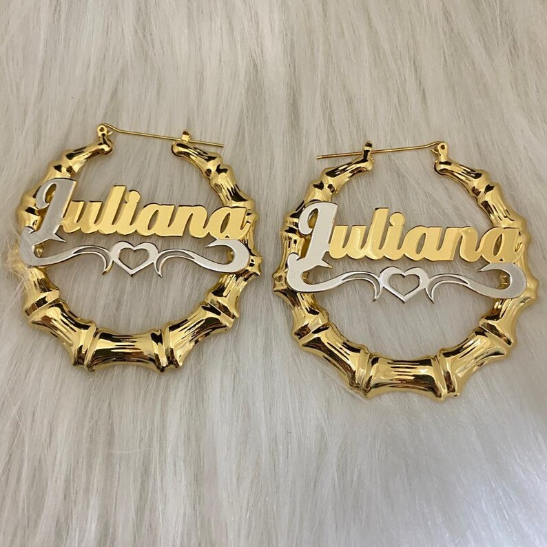 Two Tone Bamboo Earrings with Hollow Heart Personalized Custom Gold Plated Name Earrings