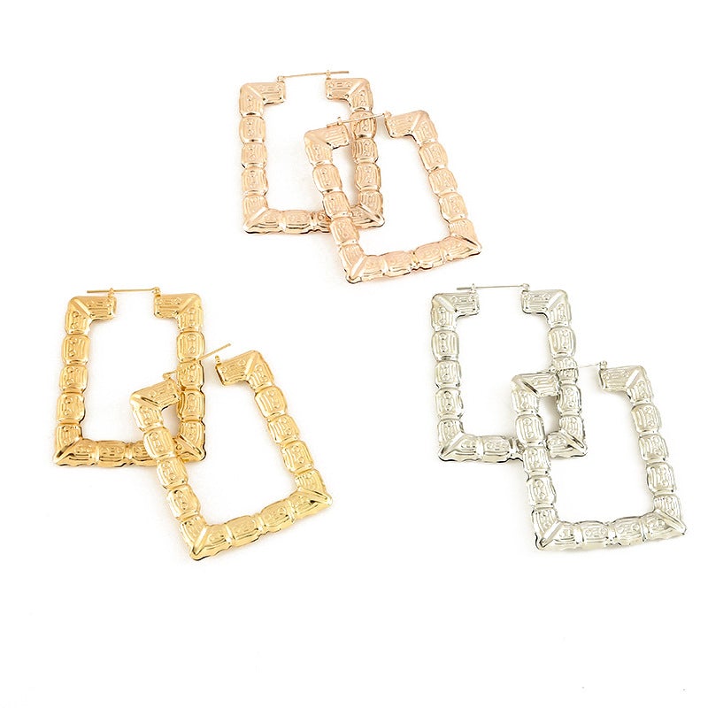 Gold Plated Rectangle Bamboo Hoop Earrings-silviax