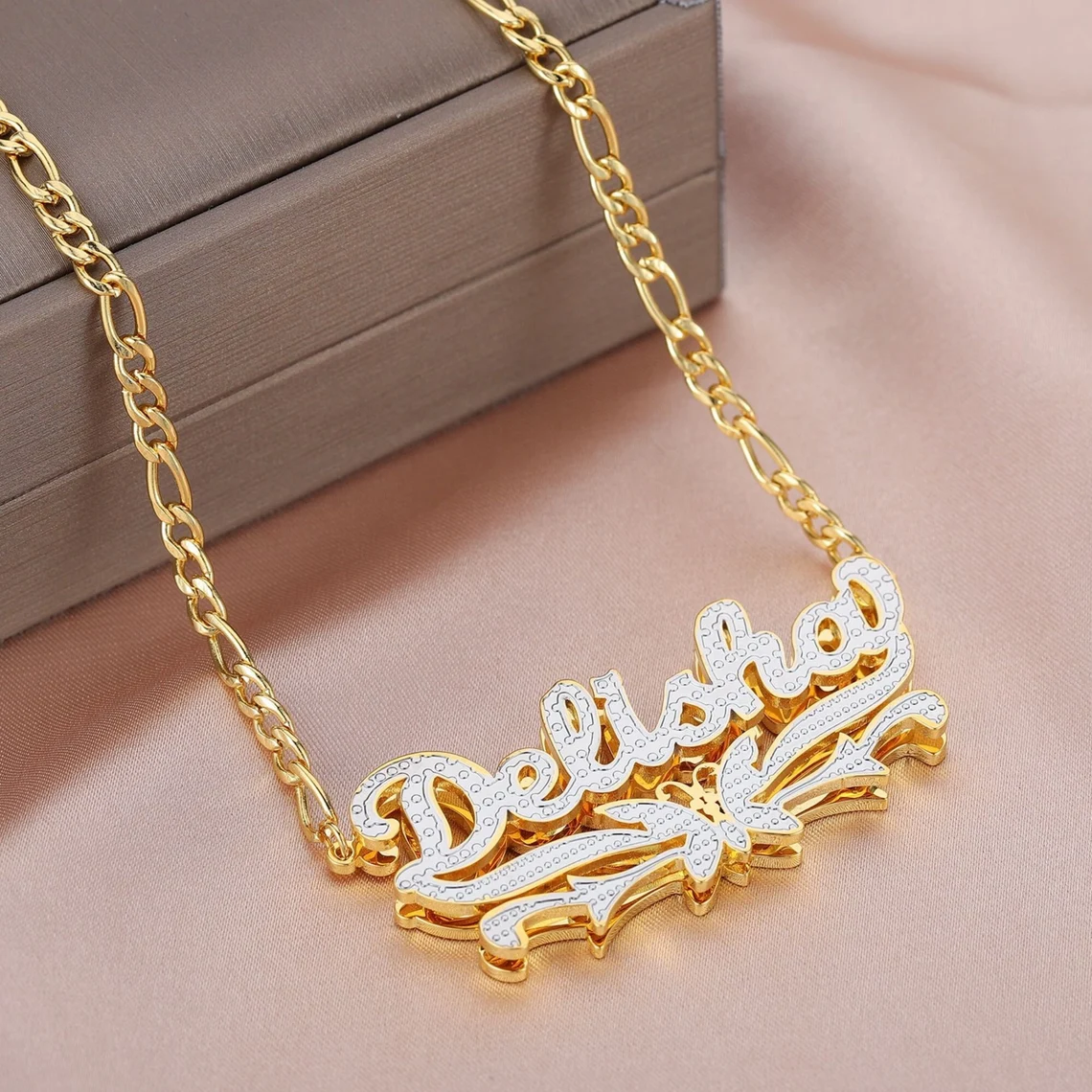 Double Layer Two Tone Butterfly Nameplate Gold Plated Personalized Custom Name Necklace