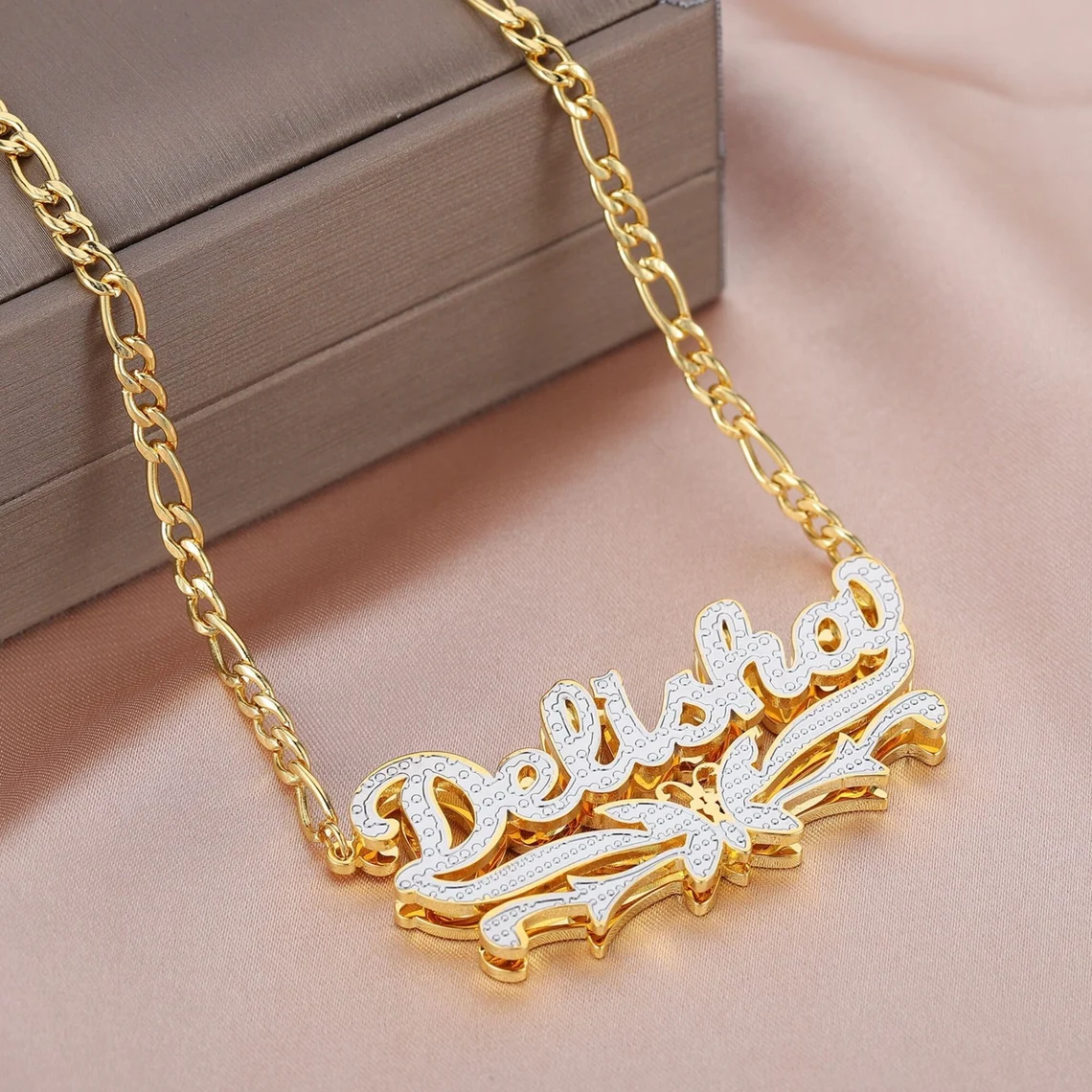 Double Layer Two Tone Butterfly Nameplate Gold Plated Personalized Custom Name Necklace-silviax