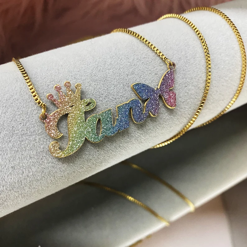 Sparkling Personalized Custom Colorful Name Necklace with Crown and Butterfly-silviax