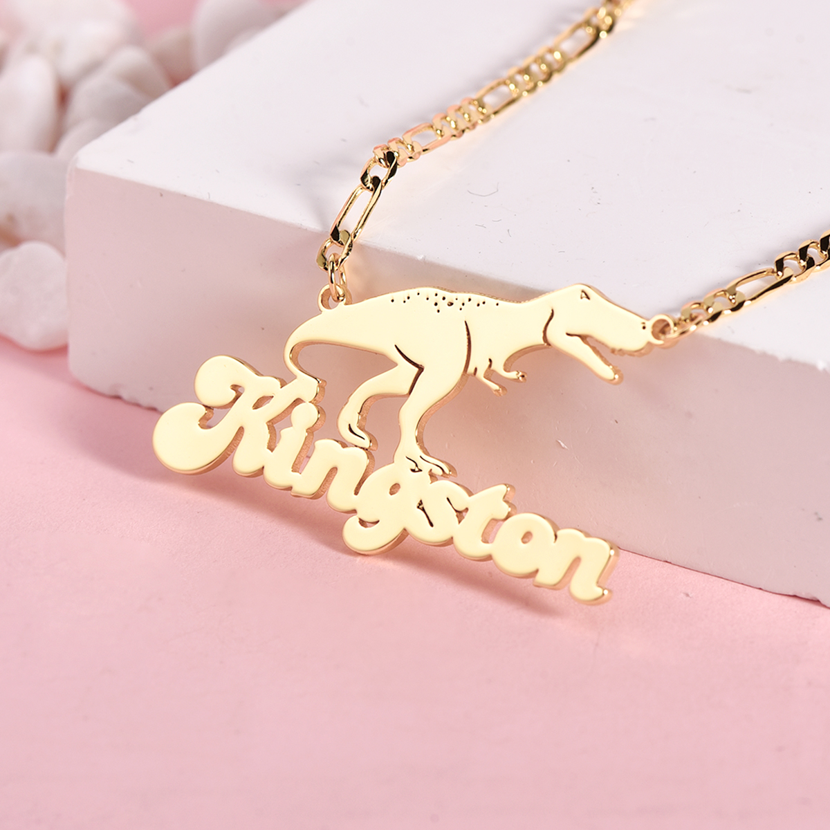 Dinosaur Nameplate Pendant Personalized Custom Gold Plated Name Necklace