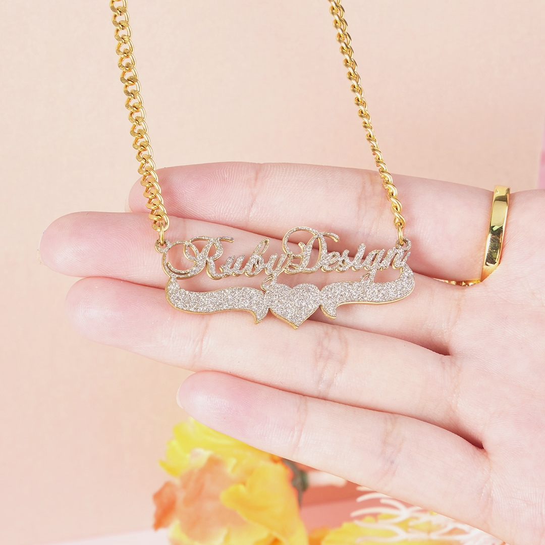 Two Tone with Heart Gold Plated Personalized Custom Bling Name Necklace-silviax