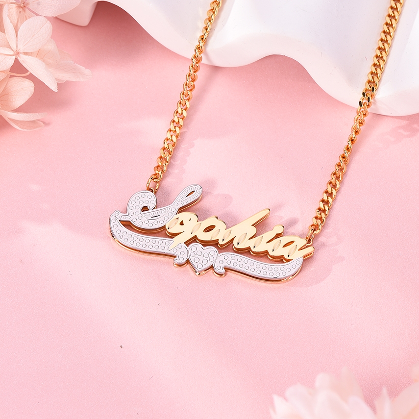 Double Layer Two Tone Heart Nameplate Personalized Custom Name Necklace ...