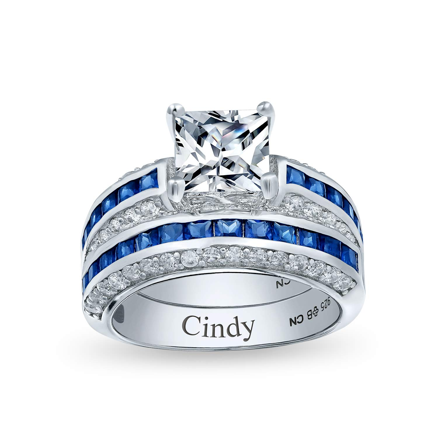 Sterling Silver Radiant Cut CZ Wedding Ring Set with Custom Name-silviax