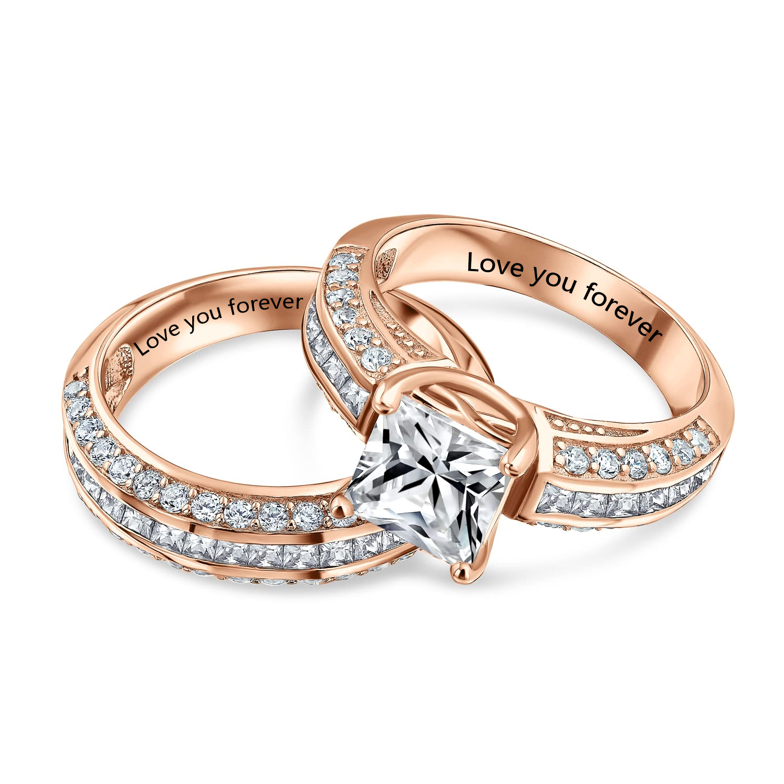 Sterling Silver Radiant Cut CZ Wedding Ring Set with Custom Name-silviax