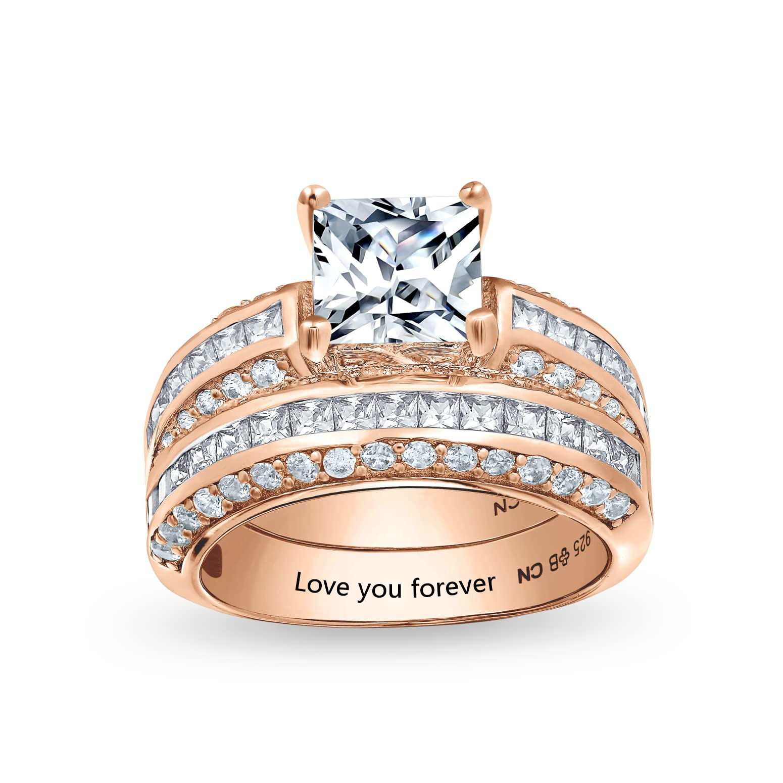 Sterling Silver Radiant Cut CZ Wedding Ring Set with Custom Name-silviax