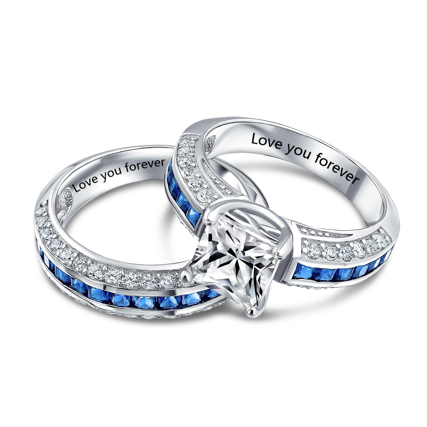Sterling Silver Radiant Cut CZ Wedding Ring Set with Custom Name-silviax