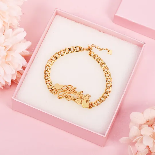 Personalized Cuban Chain Heart Name Necklace And Name Bracelet Jewelry Set 2pcs Gift For Love