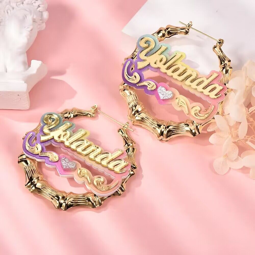 Personalized Colorful Acrylic Name with Heart Bamboo Hoop Earrings-silviax