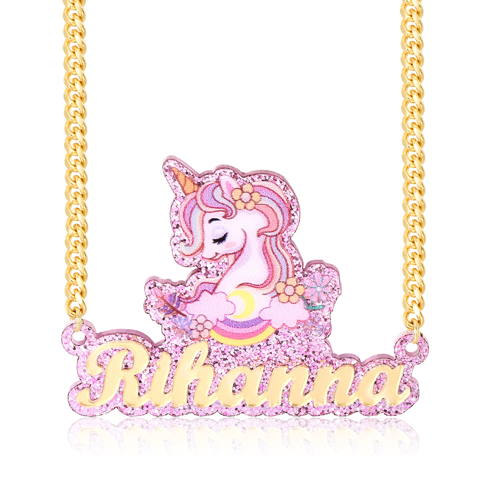 Unicorn Cute Nameplate Cuban Chain Personalized Custom Name Necklace 