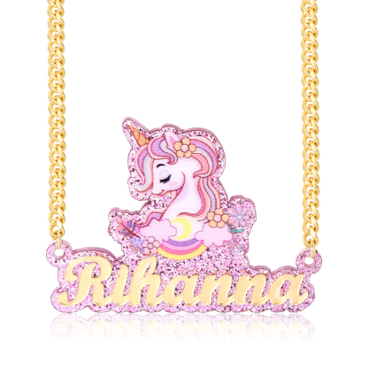 Unicorn Cute Nameplate Cuban Chain Personalized Custom Name Necklace 