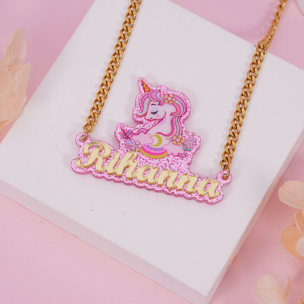 Unicorn Cute Nameplate Cuban Chain Personalized Custom Name Necklace 