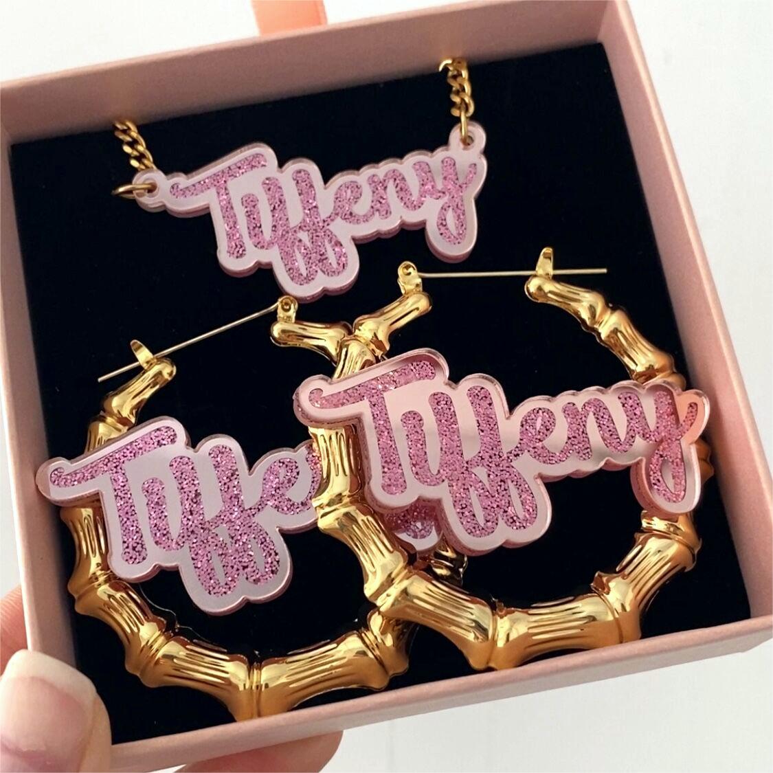 Pink Color Acrylic Name Jewelry Set Personalized Custom Name Necklace Bamboo Name Earrings Set Kids Gift-silviax