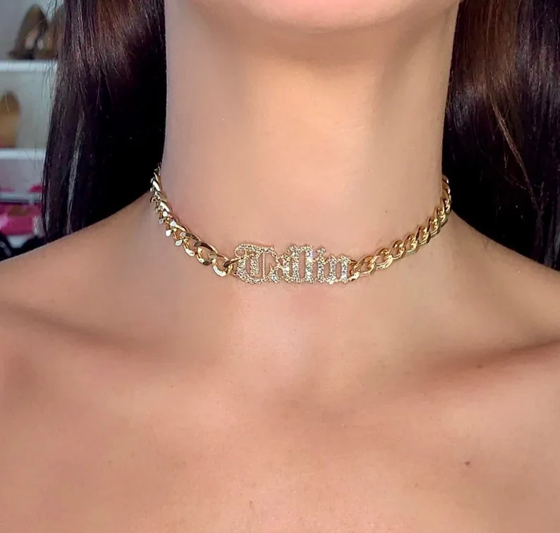 Cuban Chain Personalized Custom Zirconia Nameplate Chocker Gold Plated Name Necklace-silviax