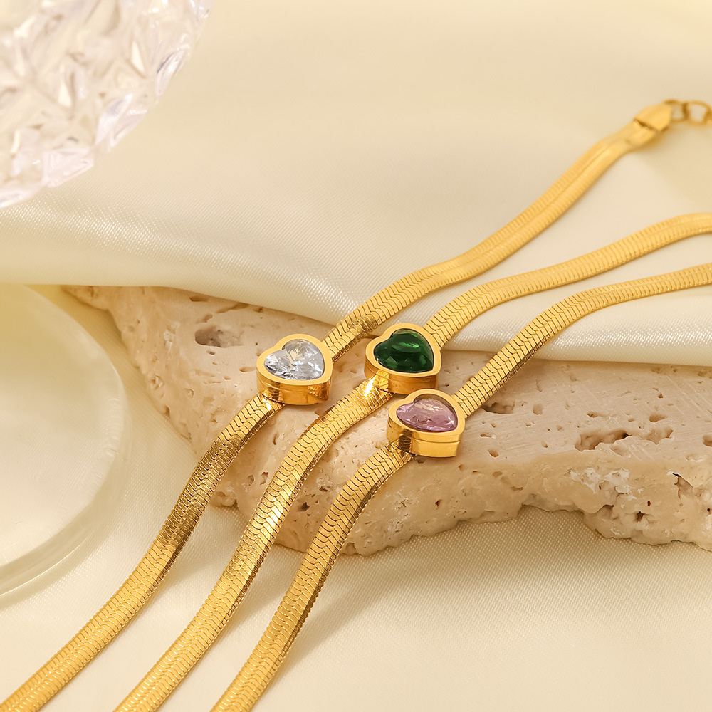 Personalized Elegant Heart Patterned Birthstone Herringbone Chain Bracelet-silviax