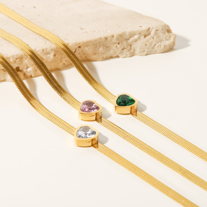 Personalized Elegant Heart Patterned Birthstone Herringbone Chain Bracelet-silviax