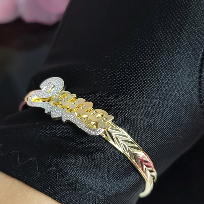 Personalized Two Tone Heart Nameplate Cuff Bangle Custom Name Bracelets-silviax