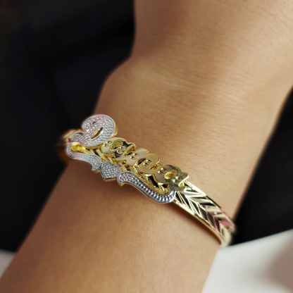 Personalized Two Tone Heart Nameplate Cuff Bangle Custom Name Bracelets-silviax