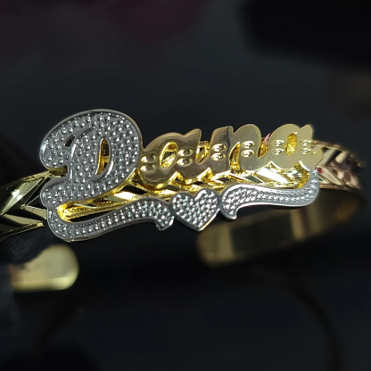 Personalized Two Tone Heart Nameplate Cuff Bangle Custom Name Bracelets-silviax