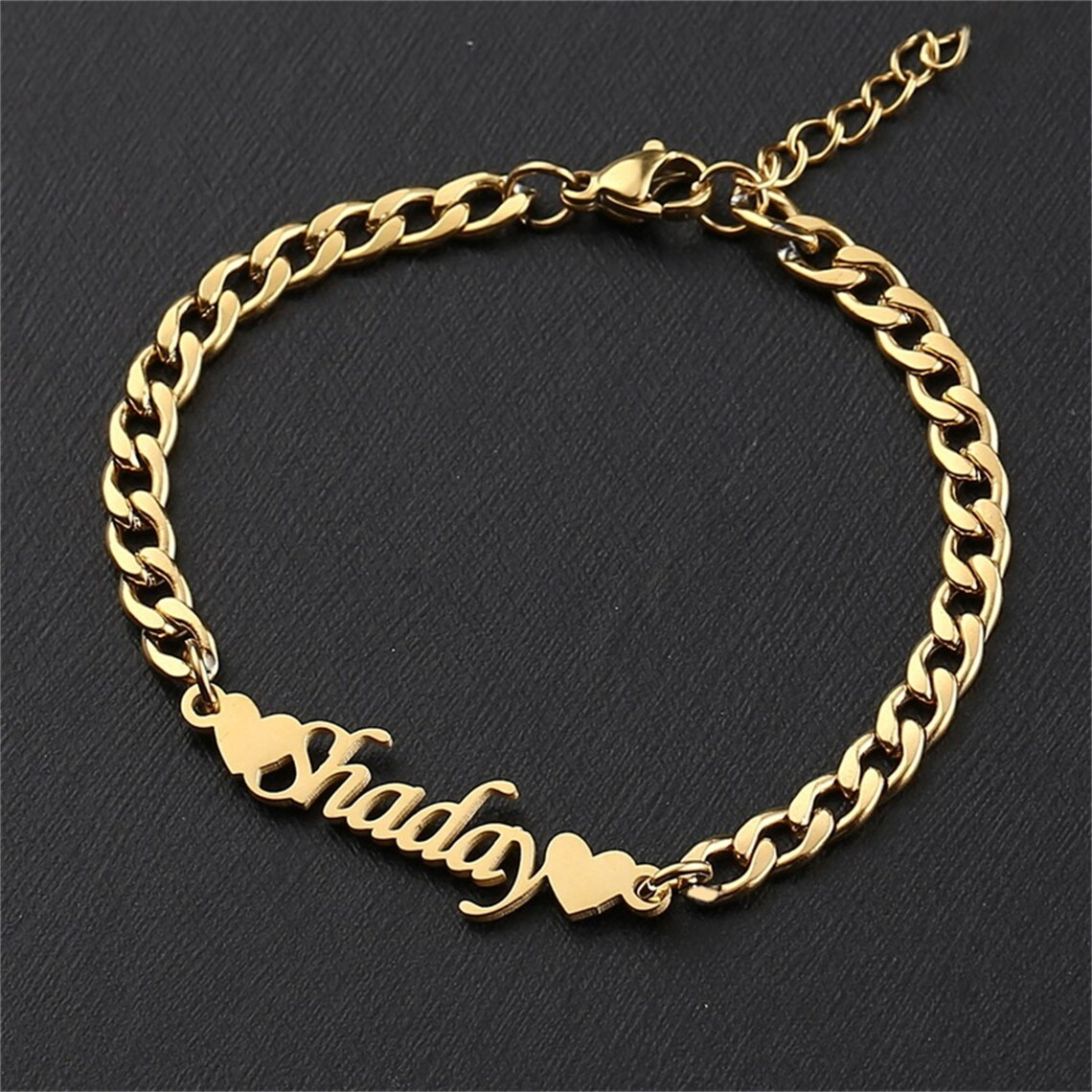 Cuban Chain Double Heart Personalized Custom Name Bangle Bracelet-silviax