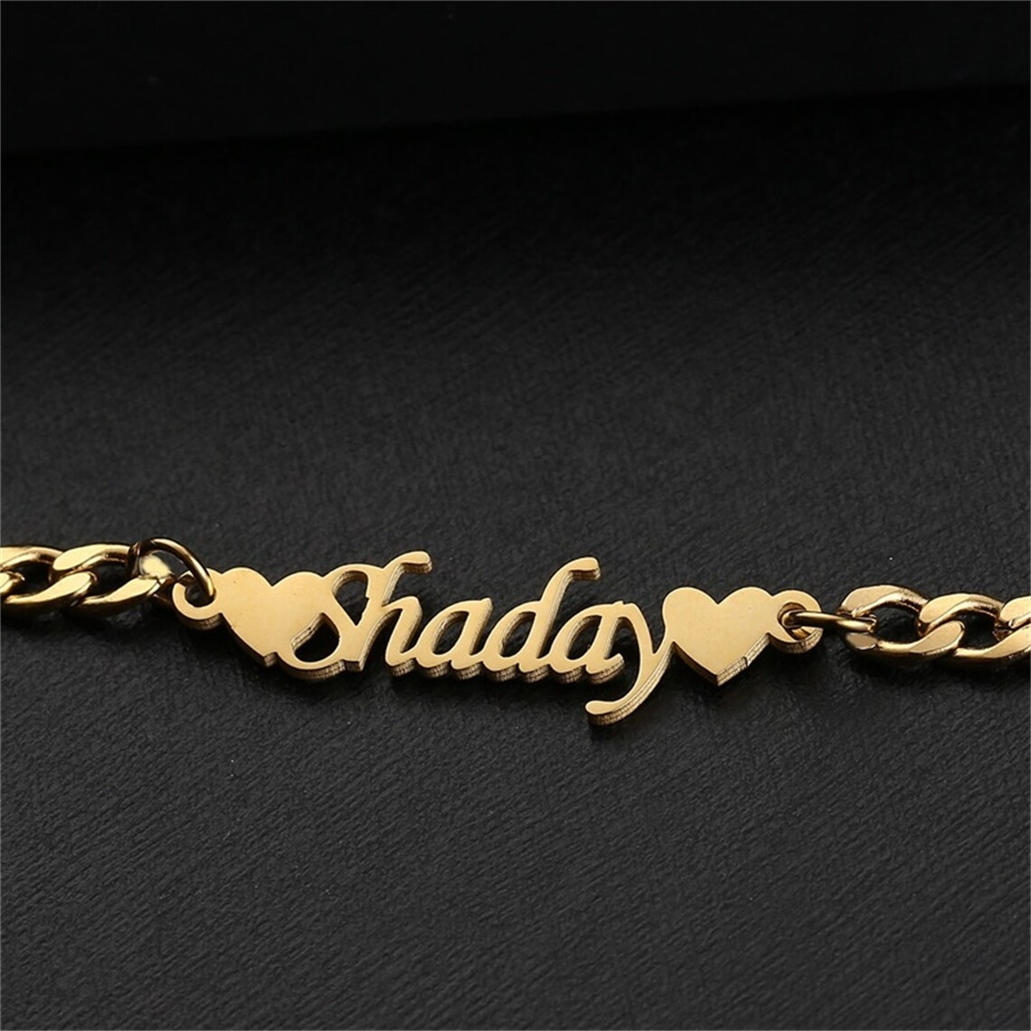 Cuban Chain Double Heart Personalized Custom Name Bangle Bracelet-silviax