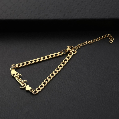 Cuban Chain Double Heart Personalized Custom Name Bangle Bracelet-silviax
