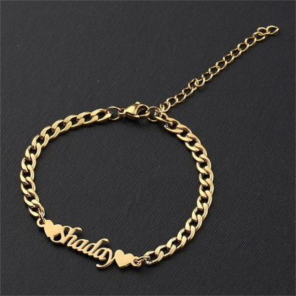 Cuban Chain Double Heart Personalized Custom Name Bangle Bracelet-silviax
