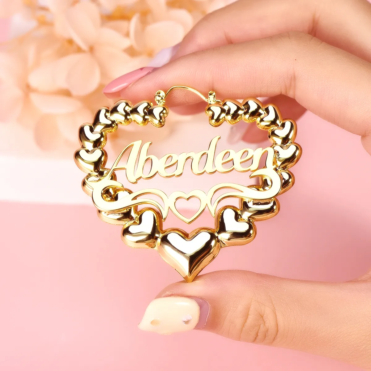 Personalized Hollow Heart Name Necklace And Bambom Earrings Jewelry Set 2pcs