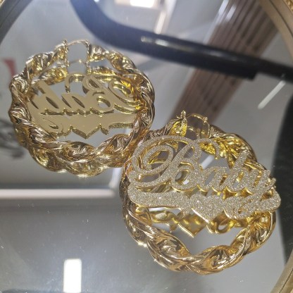 Bling Bling Love Heart Custom Gold Plated Name Twist Hoop Earrings-silviax