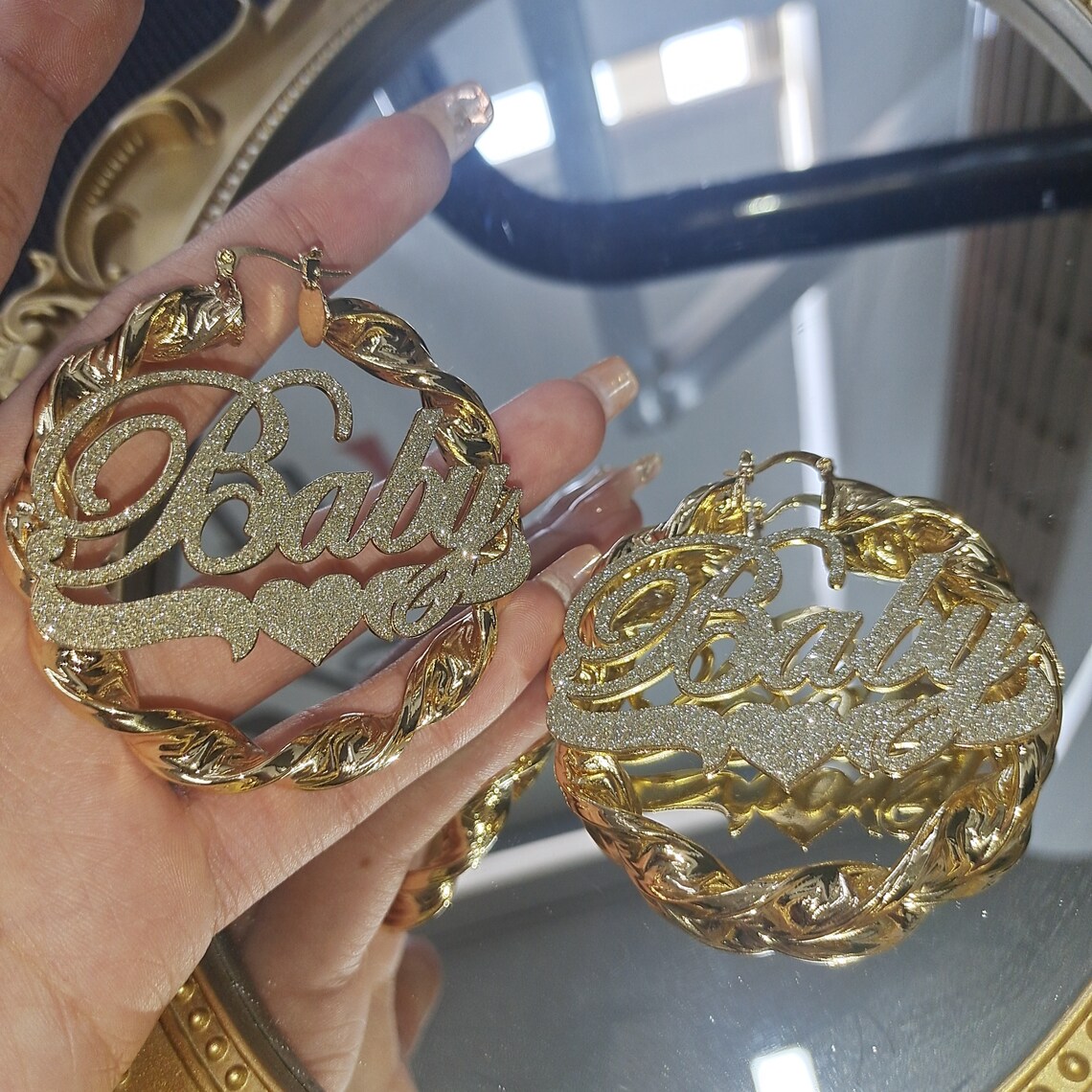 Bling Bling Love Heart Custom Gold Plated Name Twist Hoop Earrings-silviax