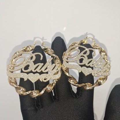 Bling Bling Love Heart Custom Gold Plated Name Twist Hoop Earrings-silviax