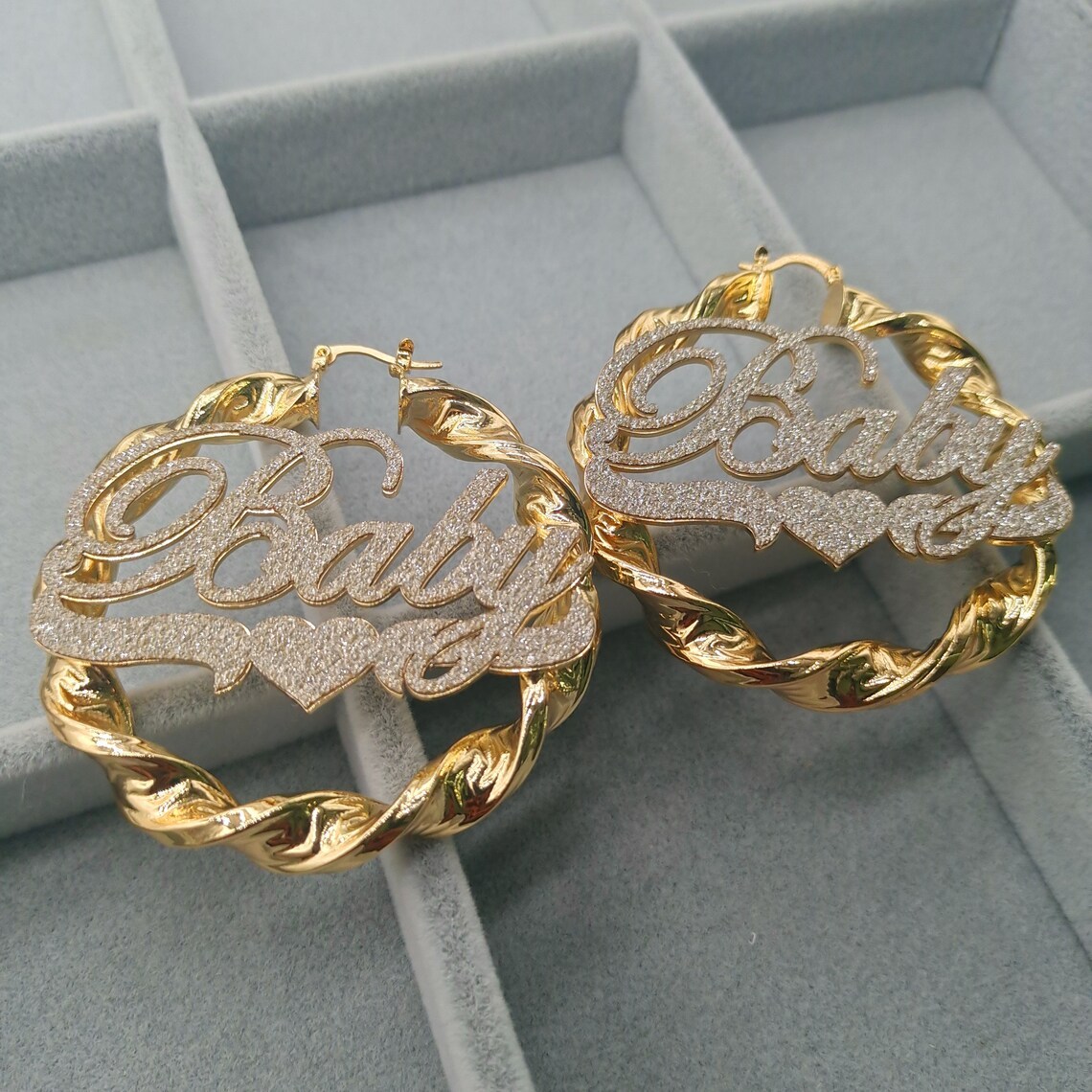 Bling Bling Love Heart Custom Gold Plated Name Twist Hoop Earrings-silviax