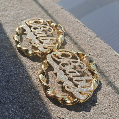 Bling Bling Love Heart Custom Gold Plated Name Twist Hoop Earrings-silviax