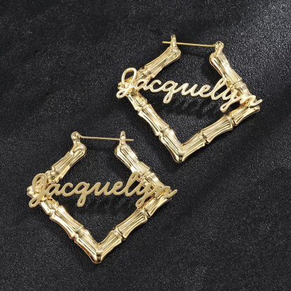 Rhombus Bamboo Personalized Custom Hoop Name Earrings-silviax