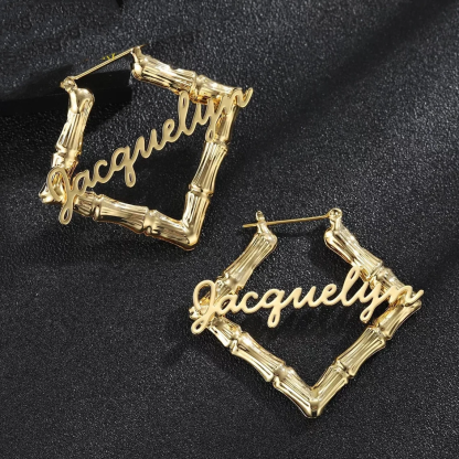 Rhombus Bamboo Personalized Custom Hoop Name Earrings-silviax