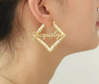 Rhombus Bamboo Personalized Custom Hoop Name Earrings-silviax