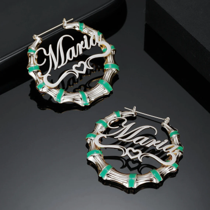 Personalized Custom Name Earrings Heart Underline Bamboo Hoop Earrings-silviax